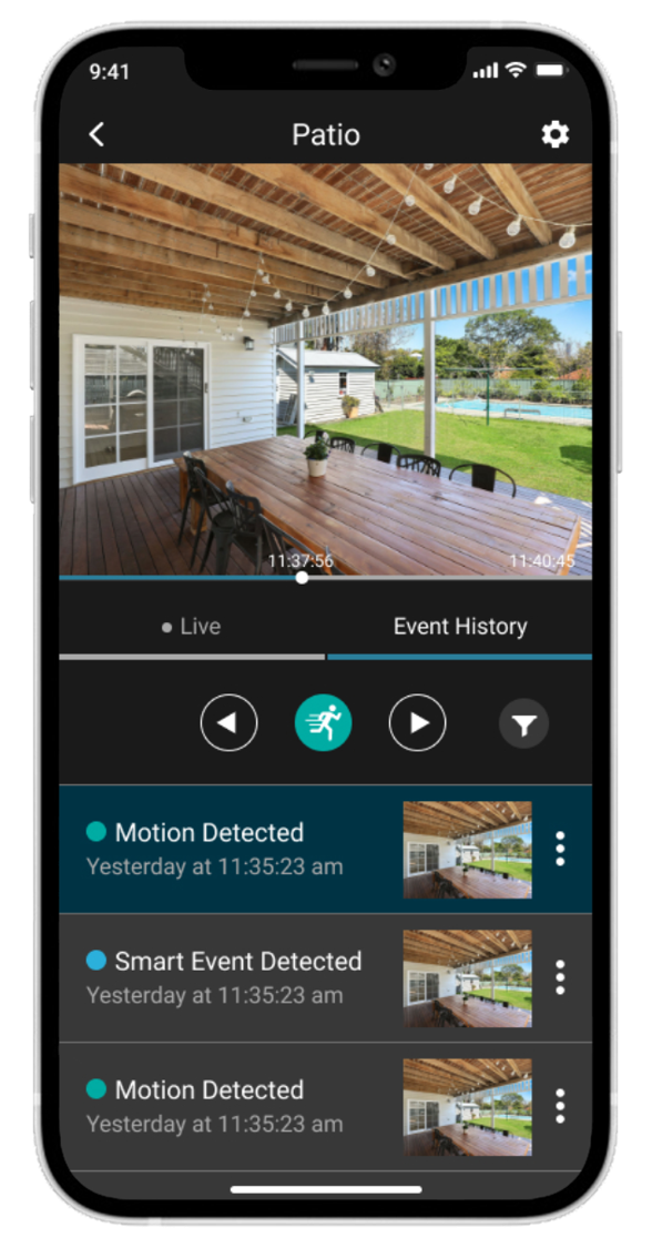 Mobile surveillance application showing a patio camera and event history